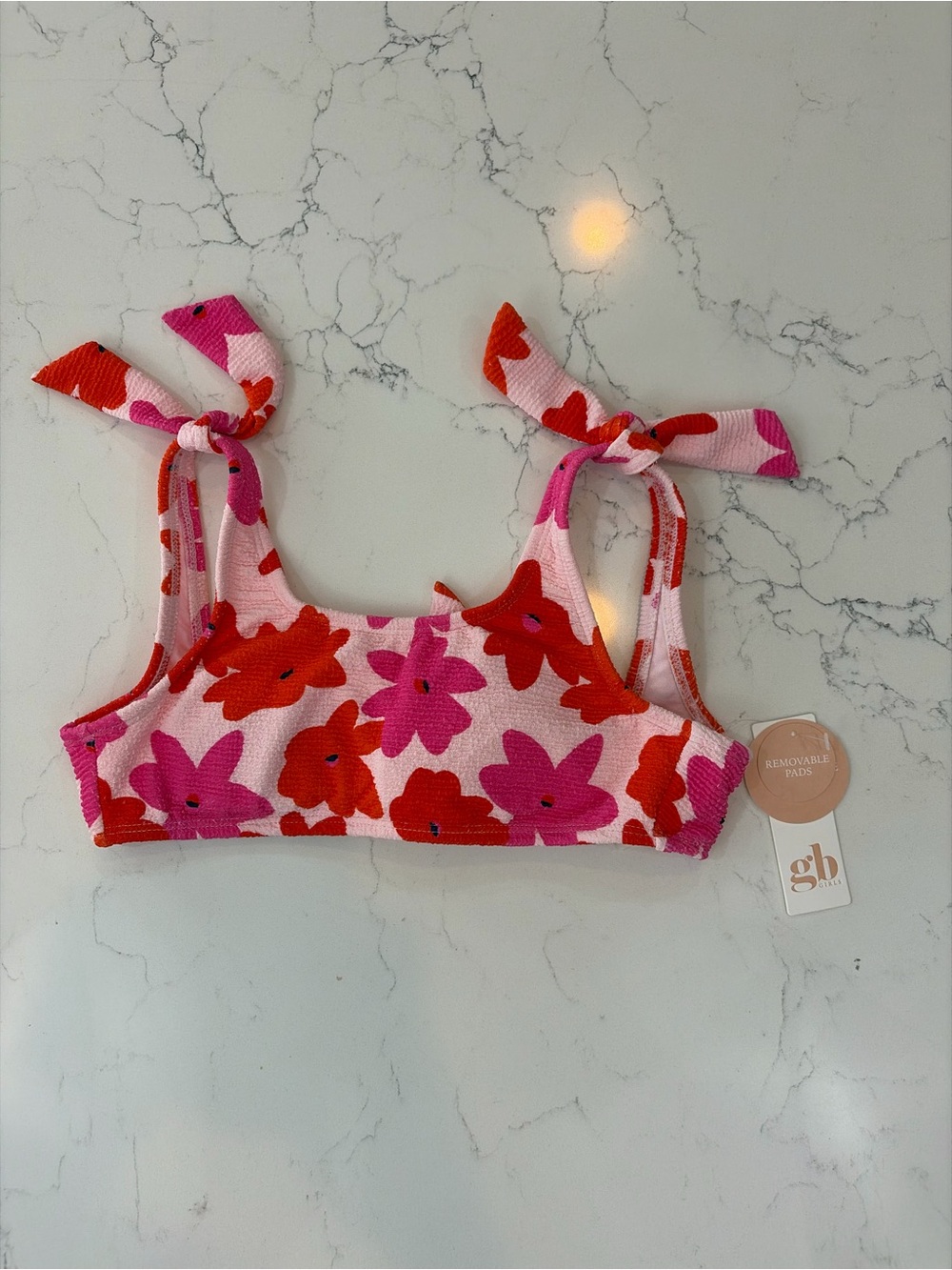 GB girls Pink Floral Tie-Shoulder Bikini Top with Red Accents